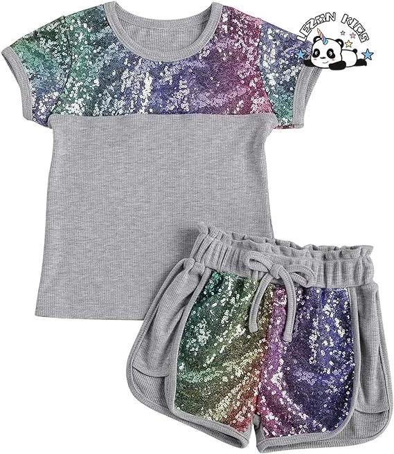 LEZONKIDS - Customizable Gradient Sequin Sleeves T Shirt Sequin Short Girls Summer Sequin Clothing Set